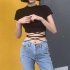 Women Short Sleeves Crop Tops Summer Sexy Slim Fit High Waist T shirt Casual Round Neck Solid Color Blouse with strap M