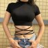 Women Short Sleeves Crop Tops Summer Sexy Slim Fit High Waist T shirt Casual Round Neck Solid Color Blouse with strap M