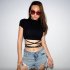 Women Short Sleeves Crop Tops Summer Sexy Slim Fit High Waist T shirt Casual Round Neck Solid Color Blouse with strap M