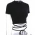 Women Short Sleeves Crop Tops Summer Sexy Slim Fit High Waist T shirt Casual Round Neck Solid Color Blouse with strap M