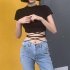 Women Short Sleeves Crop Tops Summer Sexy Slim Fit High Waist T shirt Casual Round Neck Solid Color Blouse with strap L