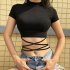 Women Short Sleeves Crop Tops Summer Sexy Slim Fit High Waist T shirt Casual Round Neck Solid Color Blouse with strap L