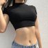 Women Short Sleeves Crop Tops Summer Sexy Slim Fit High Waist T shirt Casual Round Neck Solid Color Blouse with strap L