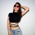 Women Short Sleeves Crop Tops Summer Sexy Slim Fit High Waist T shirt Casual Round Neck Solid Color Blouse with strap L