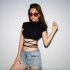 Women Short Sleeves Crop Tops Summer Sexy Slim Fit High Waist T shirt Casual Round Neck Solid Color Blouse without strap L