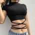 Women Short Sleeves Crop Tops Summer Sexy Slim Fit High Waist T shirt Casual Round Neck Solid Color Blouse without strap L