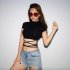 Women Short Sleeves Crop Tops Summer Sexy Slim Fit High Waist T shirt Casual Round Neck Solid Color Blouse without strap XXL