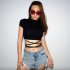 Women Short Sleeves Crop Tops Summer Sexy Slim Fit High Waist T shirt Casual Round Neck Solid Color Blouse without strap XL