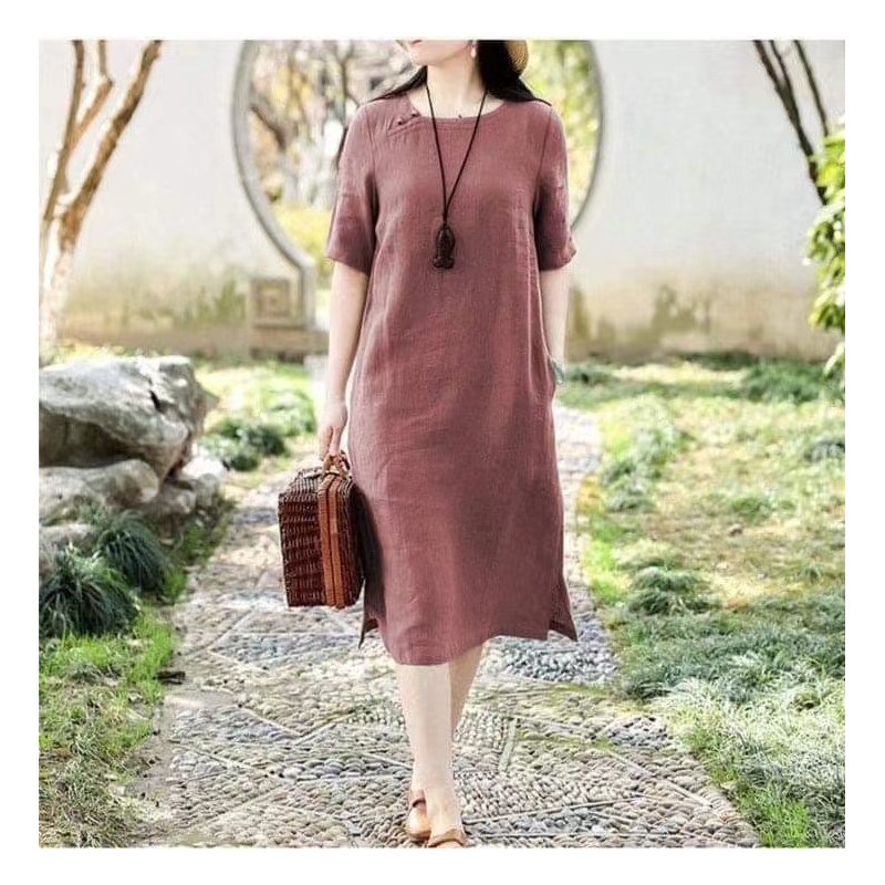 Women Short Sleeves Dress Fashion Chinese Style Cotton Linen Midi Skirt Loose Solid Color Round Neck Dress Brick red 6XL