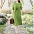 Women Short Sleeves Dress Fashion Chinese Style Cotton Linen Midi Skirt Loose Solid Color Round Neck Dress Brick red 6XL