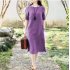 Women Short Sleeves Dress Fashion Chinese Style Cotton Linen Midi Skirt Loose Solid Color Round Neck Dress Brick red 6XL