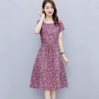 Women Short Sleeves Dress Fashion Sweet Floral Printing Large Swing Dress Casual Round Neck Pullover A-line Skirt pink 2XL