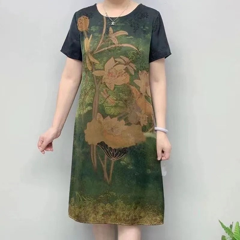 Women Short Sleeves Dress Summer Round Neck Retro Printing A-line Skirt Loose Large Size Casual Dress green M