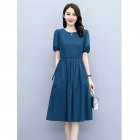 Women Short Sleeves Dress Elegant Round Neck Lace-up Pullover A-line Skirt Casual Solid Color Loose Dress blue XL