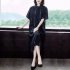 Women Short Sleeves Dress Fashion Striped Printing Single Breasted Cardigan Long Skirt Loose Casual Dress black L