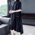 Women Short Sleeves Dress Fashion Striped Printing Single Breasted Cardigan Long Skirt Loose Casual Dress black L