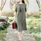 Women Short Sleeves Dress Fashion Chinese Style Cotton Linen Midi Skirt Loose Solid Color Round Neck Dress Army Green XL