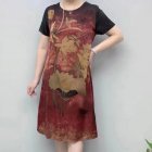 Women Short Sleeves Dress Summer Round Neck Retro Printing A-line Skirt Loose Large Size Casual Dress red 3XL
