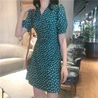 Women Short Sleeves Dress Fashion V Neck Retro Floral Printing A-line Skirt High Waist Pullover Dress green XL