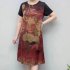 Women Short Sleeves Dress Summer Round Neck Retro Printing A line Skirt Loose Large Size Casual Dress green 2XL