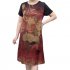 Women Short Sleeves Dress Summer Round Neck Retro Printing A line Skirt Loose Large Size Casual Dress green 2XL