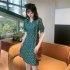 Women Short Sleeves Dress Fashion V Neck Retro Floral Printing A line Skirt High Waist Pullover Dress green 2XL