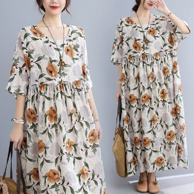 Women Short Sleeves Dress Summer Sweet Floral Printing High Waist Round Neck A-line Skirt Casual Loose Dress As shown L