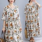 Women Short Sleeves Dress Summer Sweet Floral Printing High Waist Round Neck A-line Skirt Casual Loose Dress As shown XL