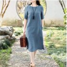 Women Short Sleeves Dress Fashion Chinese Style Cotton Linen Midi Skirt Loose Solid Color Round Neck Dress Royal blue L