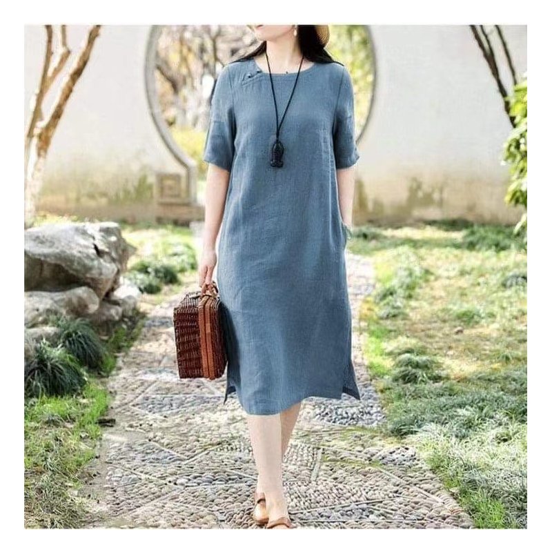 Women Short Sleeves Dress Fashion Chinese Style Cotton Linen Midi Skirt Loose Solid Color Round Neck Dress Royal blue 5XL