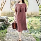 Women Short Sleeves Dress Fashion Chinese Style Cotton Linen Midi Skirt Loose Solid Color Round Neck Dress Brick red M