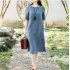 Women Short Sleeves Dress Fashion Chinese Style Cotton Linen Midi Skirt Loose Solid Color Round Neck Dress Brick red L