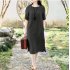 Women Short Sleeves Dress Fashion Chinese Style Cotton Linen Midi Skirt Loose Solid Color Round Neck Dress Brick red L