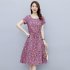 Women Short Sleeves Dress Fashion Sweet Floral Printing Large Swing Dress Casual Round Neck Pullover A line Skirt pink M