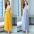 Women Short Sleeves Dress Summer Elegant Contrast Color Round Neck Midi Skirt High Waist Large Swing Dress p03 yellow XL