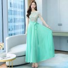 Women Short Sleeves Dress Summer Elegant Contrast Color Round Neck Midi Skirt High Waist Large Swing Dress p03 green XL