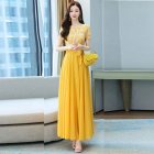 Women Short Sleeves Dress Summer Elegant Contrast Color Round Neck Midi Skirt High Waist Large Swing Dress p03 yellow 2XL