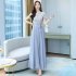 Women Short Sleeves Dress Summer Elegant Contrast Color Round Neck Midi Skirt High Waist Large Swing Dress p03 haze blue 4XL