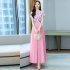 Women Short Sleeves Dress Summer Elegant Contrast Color Round Neck Midi Skirt High Waist Large Swing Dress p03 green 4XL
