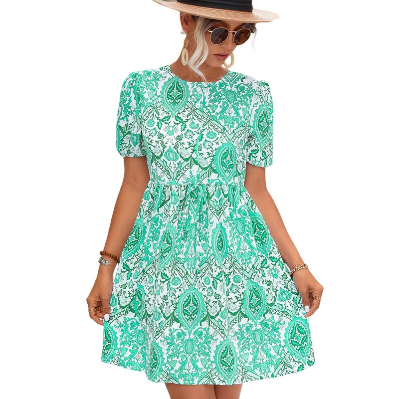 Women Short Sleeves Dress Round Neck Elegant Floral Printing High Waist A-line Skirt Trendy Lantern Sleeve Short Dress green S