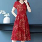 Women Short Sleeves Dress Summer Ice Silk V Neck Loose Large Size Midi Skirt High Waist Floral Printing A-line Skirt red M