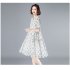 Women Short Sleeves Dress Fashion Elegant V neck Leaves Printing A line Skirt Casual Loose Pullover Dress orange L