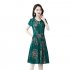 Women Short Sleeves Dress Summer Ice Silk V Neck Loose Large Size Midi Skirt High Waist Floral Printing A line Skirt green 2XL