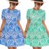 Women Short Sleeves Dress Round Neck Elegant Floral Printing High Waist A line Skirt Trendy Lantern Sleeve Short Dress blue M