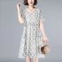 Women Short Sleeves Dress Fashion Elegant V neck Leaves Printing A line Skirt Casual Loose Pullover Dress beige M