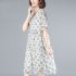 Women Short Sleeves Dress Fashion Elegant V neck Leaves Printing A line Skirt Casual Loose Pullover Dress beige M