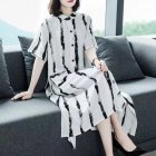 Women Short Sleeves Dress Fashion Striped Printing Single Breasted Cardigan Long Skirt Loose Casual Dress White L