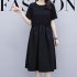 Women Short Sleeves Dress Simple Elegant Solid Color Round Neck A line Skirt Loose Casual Dress With Pockets black L