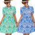 Women Short Sleeves Dress Round Neck Elegant Floral Printing High Waist A line Skirt Trendy Lantern Sleeve Short Dress blue M