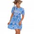Women Short Sleeves Dress Round Neck Elegant Floral Printing High Waist A line Skirt Trendy Lantern Sleeve Short Dress blue M